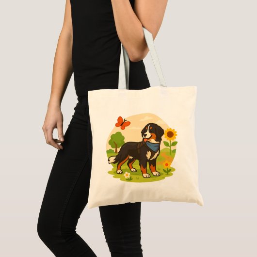 Cute Bernese Mountain Dog with Sunflower & Butterf Tote Bag (Voorkant (product))