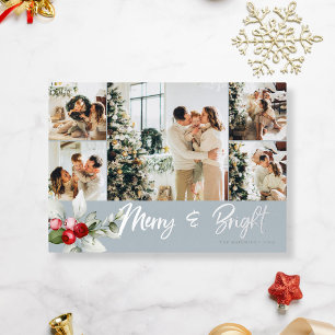 Cute Berry 7 Foto Script Merry And Bright Blauw Folie Feestdagenkaart