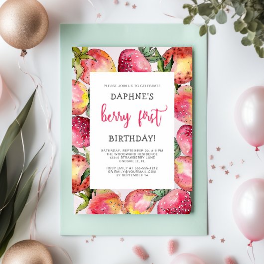 Cute Berry Eerste Verjaardag Aardbeien Feestje Kaart