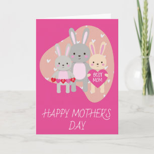 Cute Best Mam Bunny Rabbit Pink Hearts Moederdag Kaart