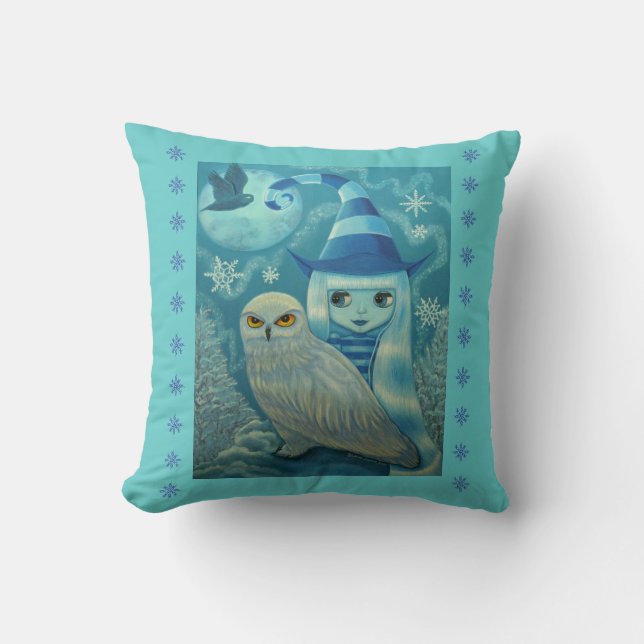 Cute Big Eye Striped Witch met Snowy Owl & Moon Kussen (Voorkant)