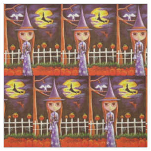 Cute Big Eye Witch Doll Girl Black Cat Halloween Stof