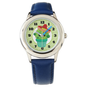 Cute Big Eyed Cactus in Red Sombrero Horloge