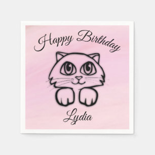 Cute Big Eyed Cat Peking Pink Happy Birthday Servetten