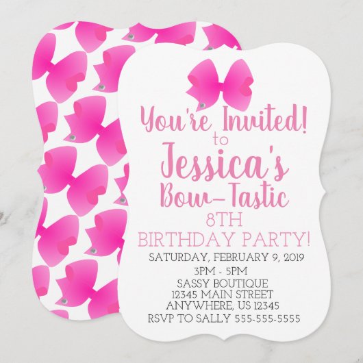 Cute Big Pink Girly Bow Bow-Tastic Birthday Party Kaart (Voorkant / Achterkant)