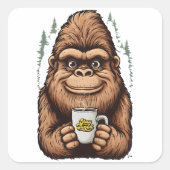 Cute Bigfoot Drinking Coffee Funny Sasquatch Vierkante Sticker (Voorkant)