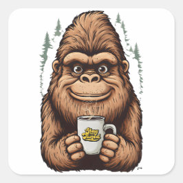 Cute Bigfoot Drinking Coffee Funny Sasquatch Vierkante Sticker