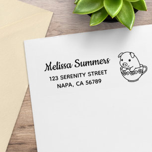 Cute Biggetje Varken in een Theekopje Retouradres Rubberstempel