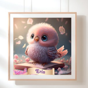 Cute Bird Baby roze Owl Book Personised Art Poster