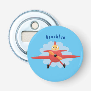 Cute bird flying red airplane cartoon illustratie button flesopener