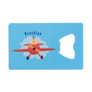 Cute bird flying red airplane cartoon illustratie kredietkaart flessenopener