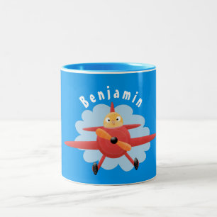 Cute bird flying red airplane cartoon illustratie tweekleurige koffiemok