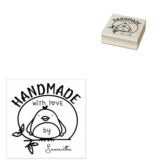 Cute Bird Handmade with Love by (aangepaste naam) Rubberstempel (Gestempeld)
