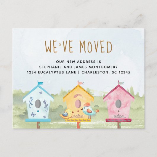 Cute Bird Houses Moving Aankondigingskaart (Voorkant)