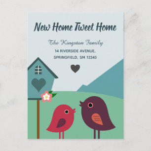 Cute Birds and Bird House Nieuw adres Briefkaart