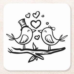 Cute Birds Black White Lovebird Wedding Vierkante Kartonnen Onderzetter