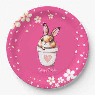 Cute Birthday Bunny Plant Pot & Flowers op Magenta Papieren Bordje