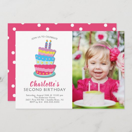 Cute Birthday Cake 2nd Birthday Invitation (Devant / Derrière)
