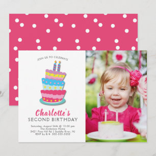 Cute Birthday Cake 2nd Birthday Invitation