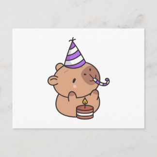 Cute Birthday Capybara with Party Hat and Cake Kaw Briefkaart