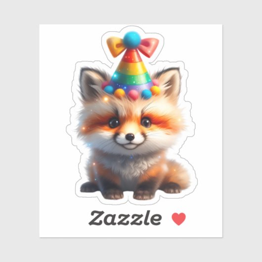 Cute Birthday Fox with Rainbow Party Hat Sticker (Feuille)