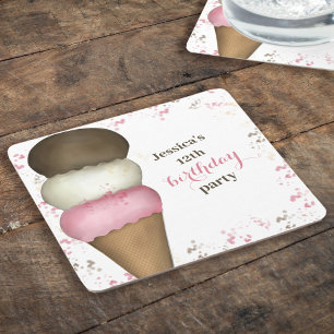 Cute Birthday Party Whimsical Ice Cream Cone Vierkante Kartonnen Onderzetter