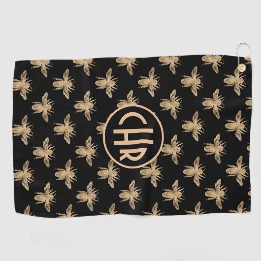 Cute Black and Gold Queen Bee Monogram Golfhanddoek (Horizontaal)