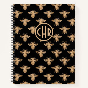 Cute Black and Gold Queen Bee Monogram Notitieboek