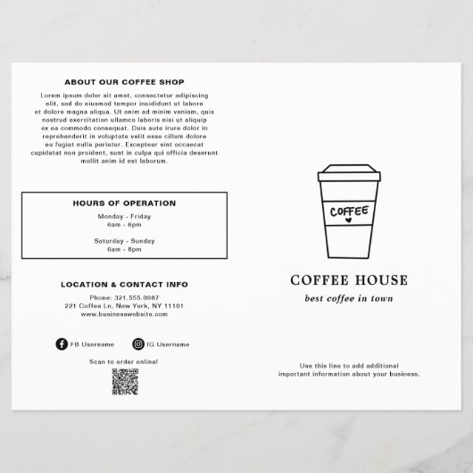 Cute Black and White Coffee Cup Coffee Shop Menu (Voorkant)