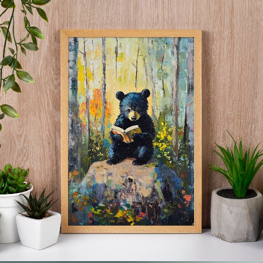 Cute Black Bear Reading a Book Poster