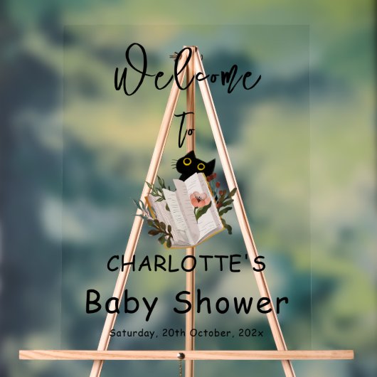Cute Black Cat and Book Baby Shower Welcome (Neutre)