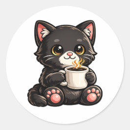 Cute Black Cat Coffee – Cozy Kawaii Cat Illustrati Ronde Sticker