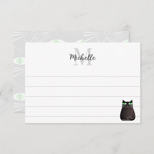 Cute Black Cat Custom Lined Monogram Notitiekaartje (Voorkant / Achterkant)