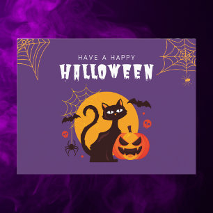 Cute Black Cat en Pumpkin Halloween Feestdagenkaart