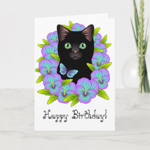Cute Black Cat Floral Magic Happy Birthday-kaart Kaart