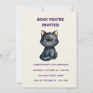 Cute Black Cat Halloween Birthday Invitation | Kid Kaart