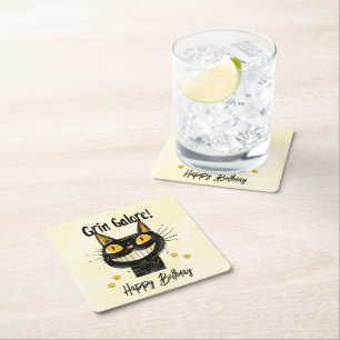 Cute Black Cat Happy Birthday Vierkante Kartonnen Onderzetter