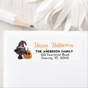 Cute black cat Happy Halloween carved pomkin Etiket