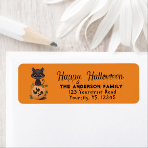 Cute black cat Happy Halloween carved pumpkin Labs Etiket