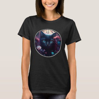 Cute Black Cat Hiding in Spring Flowers Aesthetic  T-shirt
