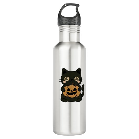 Cute Black Cat Holding Jack O Lantern Pumpkin – Ka Waterfles (Voorkant)