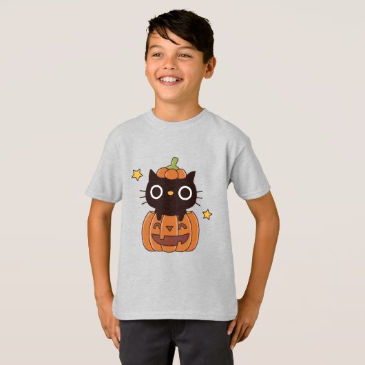 Cute Black Cat in pomkin Carving Happy Halloween T-shirt (Voorkant volledig)