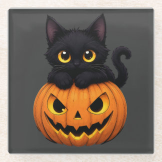 Cute Black Cat in Pumpkin Halloween Glazen Onderzetter