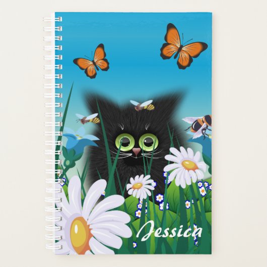 Cute Black Cat Kitten met Daisies Personalized Planner (Voorkant)