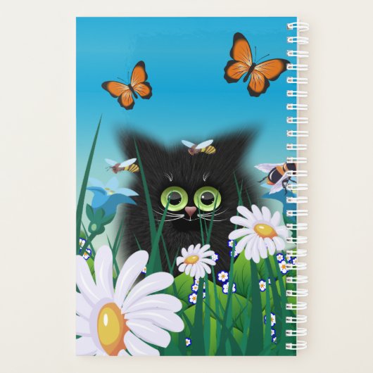 Cute Black Cat Kitten met Daisies Personalized Planner (Achterkant)