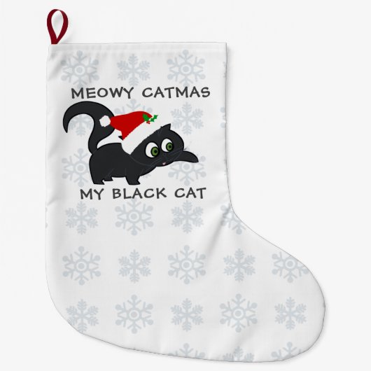 Cute Black Cat Meowy Catmas pet Kerstmis stopping Grote Kerstsok (Voorkant)