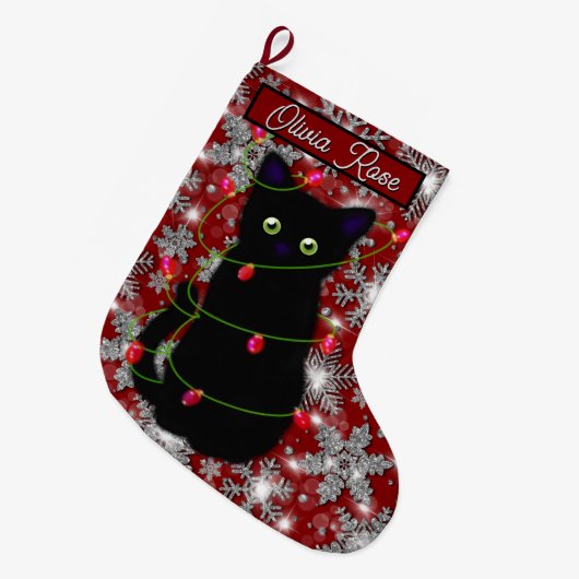 Cute black cat Meowy Christmas sparkling snowflake Grote Kerstsok (Voorkant (Hangend))