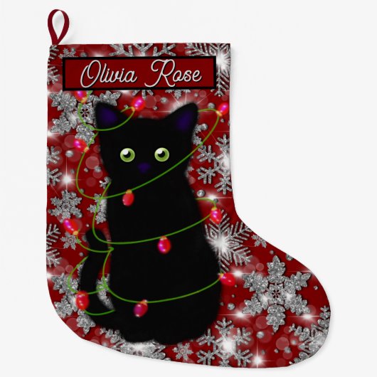Cute black cat Meowy Christmas sparkling snowflake Grote Kerstsok (Voorkant)