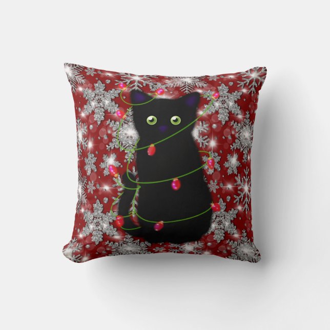 Cute black cat Meowy Christmas sparkling snowflake Kussen (Voorkant)