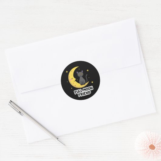 Cute Black Cat on Moon - Full Moon Friend Ronde Sticker (Envelop)